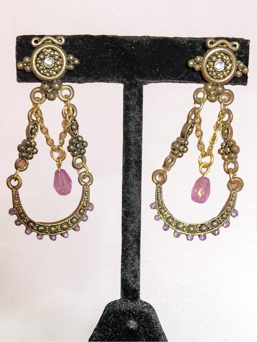 Vintage Gold and Purple Teardrop Dangle Earrings